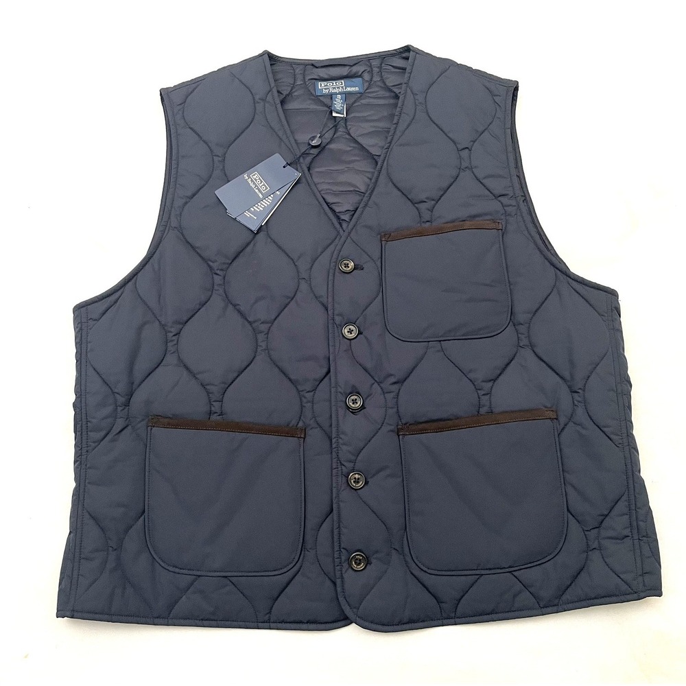 NWT Polo Ralph Lauren Suede-Trim Quilted Vest Men's XL Navy Blue Buttons $398